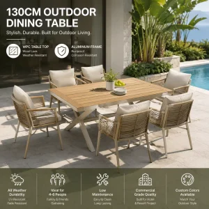 FLD2100 130cm Aluminum Outdoor Dining Table PS Wood Top Cross Leg Patio Garden Table for Hotel Restaurant Resort Projects