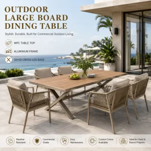 FLD2101 150 180 220cm Aluminum Outdoor Dining Table PS Wood Top High Cross Leg Patio Table for Hotel Resort Restaurant