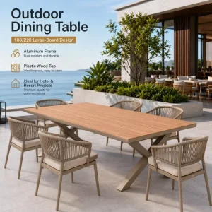FLD2102 Modern Durable Contract Grade 180/220cm Aluminum Outdoor Dining Table PS Wood Top 80mm Cross Leg for Hotel Resort Patio