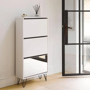 FSC White Wooden Slim Narrow Entryway Shoe Cabinet Furniture with 3 Spacious Pull Out Compartments Mirror Metal Legs