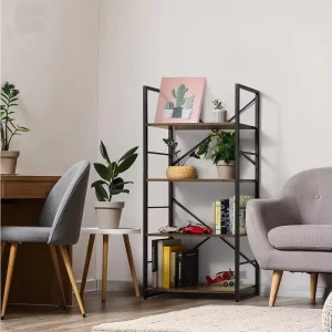 Factory 4 Tier Wood Metal Bookshelf Industrial Freestanding Storage Rack for Living Room Office Home Decor