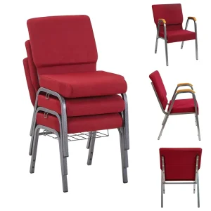 Factory Church Stacking Chair 21″W Stacking Wood Accent Arm Church Chair in Burgundy Fabric with Silver Vein Frame