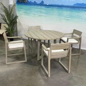 Factory Custom Anti Decay Natural Teak Round Dining Set Geometric Frame Dining Chairs for Hotel Resort Outdoor Catering Projects