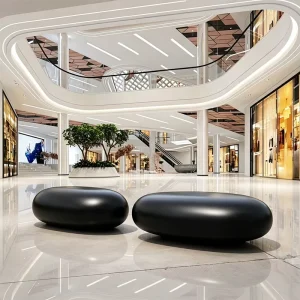 Factory Custom BB2969 Glossy Black Cartoon Fiberglass Carved Pebble Shape Bench Outdoor Indoor Public Rest Seating Stone