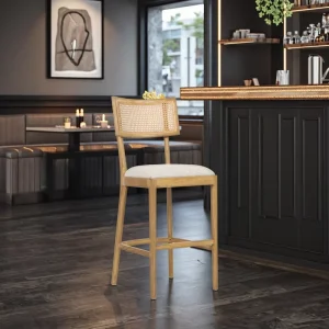 Factory Custom Minimalist Solid Wood Curved Rattan Back High Chair for bar Restaurant Counter Wedding