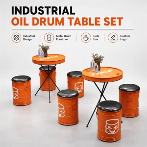 Factory Custom Modern Industrial Stainless Steel Oil Barrel Table Set Storage Seats Top for Cafe Bar Pub Small Commercial Spaces