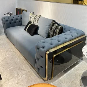 Factory Custom Modern Luxury High Gloss Real Genuine Leather Lacquer Teak Wood Veneer Apartment Mall Living Room Sofa Set