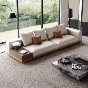 Factory Custom Modern Minimalist Genuine Leather Sofa Set Wooden Side Table Tufted Design for Hotel Villa Use Luxury Apartment