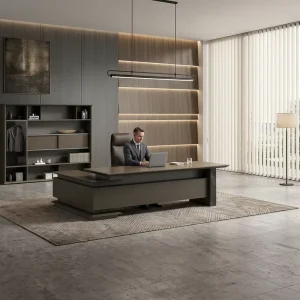 Factory Custom OEM ODM Manager Desk with Dark Wood Side Cabinet Sturdy Structure Modern Wooden Daily Office Working Desk