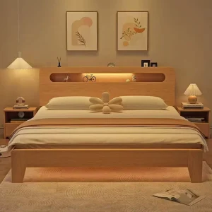 Factory Custom Oak Elegant Simple Nordic Style Solid Wood Single Bed Hotel Apartment Double Bed Bedroom Furniture Set