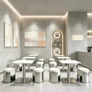Factory Custom Square Marble Table and Upholstered Stool Combination Set for Milk Tea Shop Fast Food Restaurant