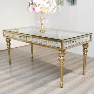 Factory Customize Gold Stainless Steel Rectangular Glass Wedding Decoration Dining Tables and Chairs for Party Event