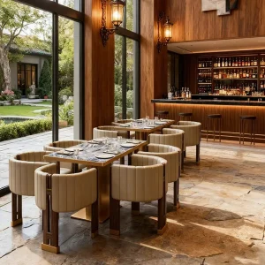 Factory Direct Commercial Hotel Cafe Furniture Customized Leather Wood Chair Set Square Marble Table for Restaurant
