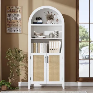 Factory Direct Custom RTA Bookshelf Adjustable Shelves Boho Modern Wood Bookcase Storage with Rattan Door