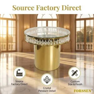 Factory Direct Custom Stainless Steel Cake Dining Table Modern Design Tempered Glass Top Luxury Hotel Banquet