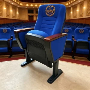 Factory Direct High Density Foam Auditorium Chair with Wooden Armrest Blue Fabric Theater Seat for Church School Conference Hall