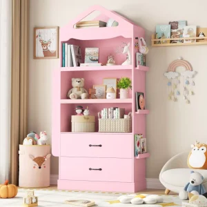 Factory Direct House Shape Multifunctional Pink Kids Bookcase with 2 Drawers Side CD Rack Book Display Shelf