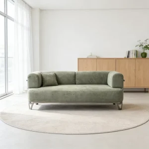 Factory Direct Ice Blue Fuzzy Fabric Compressed Sofa Three Seat Convertible Black Metal Leg Custom Bulk Order