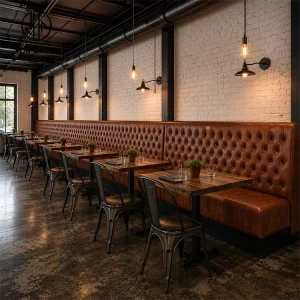 Factory Direct Industrial Commercial Restaurant Furniture Tufted Leather Upholstered Booth Seating Wood Table Metal Chair Set
