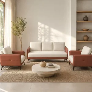 Factory Direct Italian Minimalist White Brown Contrast Three Seater Scratch Resistant Leather Hotel Commercial Sofa Set