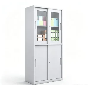 Factory Direct Lockable Metal Filing Cabinet Upper Transparent Glass Sliding Door Lower Steel Office Document Storage Cabinet