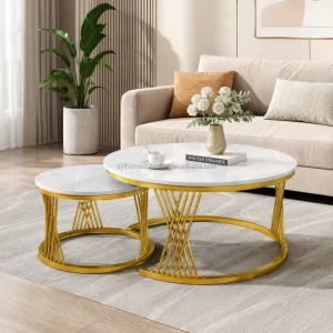 Factory Direct Luxury Slab Top Gold Iron Frame Coffee Tables Modern Round Coffee Tables for Home Furniture