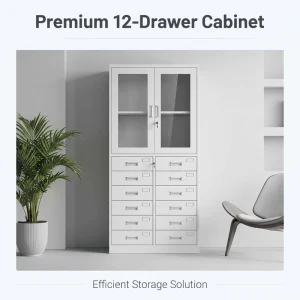 Factory Direct Modern Style Twelve Drawer Glass Door Iron Sheet Filing Cabinet