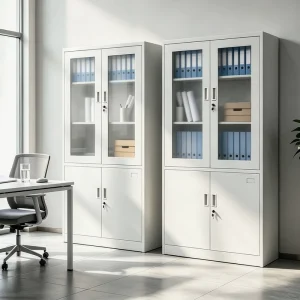 Factory Direct OEM Cold Rolled Steel Filing Cabinet 2 Glass Doors and 2 Metal Cabinet Doors Lockable Office Storage Cupboard