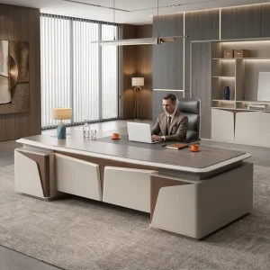 Factory Direct OEM ODM Modern Luxury Wooden Executive Office Desk with Large Capacity Side Cabinet and High Quality MDF Board
