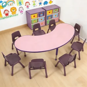Factory Direct Preschool Moon Shaped Table & Chair Set Fixed Height Kid’s Plastic Classroom Desks with Rounded Safety Edges
