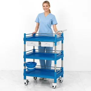 Factory Direct Price 1 Drawer 201 Stainless Steel Support 2 Layer Plastic Steel Hospital Trolley with 4 Silent Casters