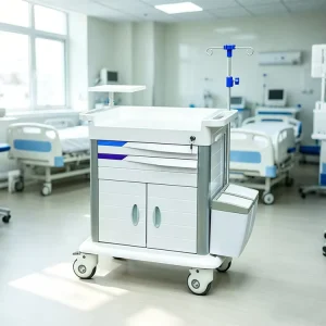 Factory Direct Sale ABS Emergency Medical Trolley with Cabinet Defibrillator Shelf Central Lock IV Pole for Hospitals