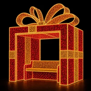 Factory Direct Sale Custom Size Color Outdoor Waterproof Giant LED Christmas Gift Box Motif Light with Seating Bench