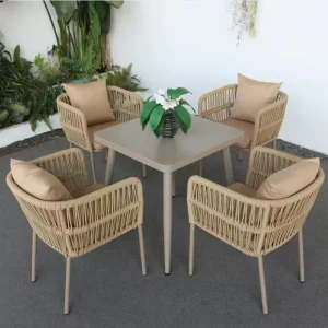 Factory Direct Sales Restaurant Outdoor Bar Hotel Balcony Furniture Aluminum Alloy Rope Woven Table and Chair Dining Table Set