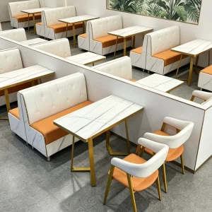 Factory Direct Supply Custom Dining Booth Sofas Fast food Restaurant Commercial Tables and Chairs Set White Orange Table Chair