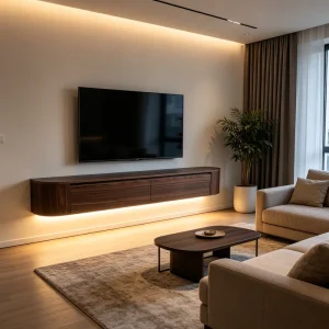 Factory Direct Wall-Mounted Japandi Curved Walnut Textured TV Cabinet with LED Light Media Console Entertainment Unit Home Decor