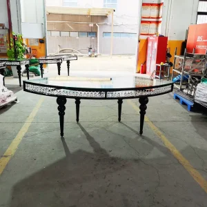 Factory Direct Wedding Table Black Hanging Crystal Pendant Stainless Steel Frame Glass Top Circular Dining Table