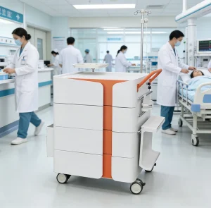Factory Direct Whole Epoxy Coated Steel High Storage 4 drawer Hospital Emergency Trolley 50 lb Load Capacity ISO 9001 Certified