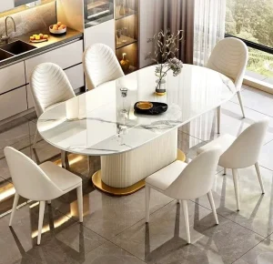 Factory Directly Sale Bright Glossy Sintered Stone Oval Dining Table Chair Set 4 6 8 Seater Home Restaurant Dining Table Set