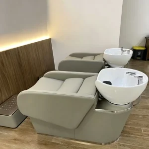 Factory Ergonomic Design Salon Shampoo Station Salon Hair Wash Chairs PU Leather Shampoo Bed With Ceramic Bowl