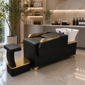 Factory Ergonomic Design Salon Shampoo Station Salon Hair Wash Chairs PU Leather Shampoo Bed With Ceramic Bowl