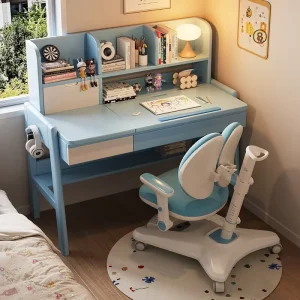 Factory Ergonomic Kids Study Desk Set Tiltable Desktop Blue Writing Table with Bookshelf Storage for Boys Bedroom