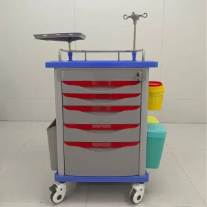 Factory High Quality ABS Medical Cart Hospital Emergency Trolley Noiseless Castors Blue + Red Patient Medicine
