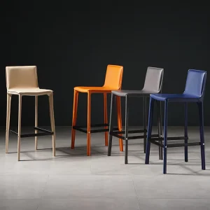 Factory High Quality Saddle Leather Bar Chair Metal Base Minimalist Design Restaurant Dining Kitchen Coffee Shop