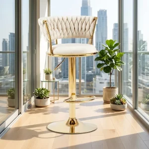 Factory Light Luxury Braided Velvet Bar Stools Golden Stainless Steel Base Counter Bar Chairs