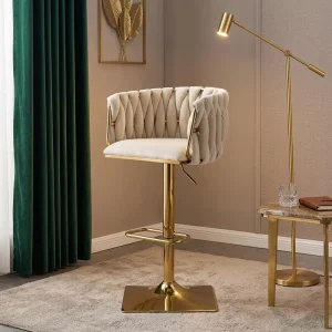 Factory Luxury Woven Velvet Bar Stool Gold Metal Frame Adjustable Swivel Bar Chair for Kitchen Island Home Bar Chairs