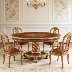 Factory Manufacturer 4-6 Person Antique French Solid Wood Round Dining Table Set for Home Hotel & Villa Use