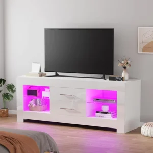Factory Modern Wood LED TV Stand Entertainment Center with High Gloss Drawers and 20 Color Lights