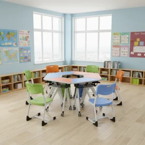 Factory Modular Folding Classroom Desk Chair Set Hexagonal Trapezoid Splicing Table for Art Training