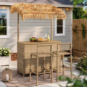 Factory Outdoor Thatched Roof Bar Station Set Tiki Style Garden Cocktail Bar Booth with 2 Bar Stools Rattan Wicker Steel Frame